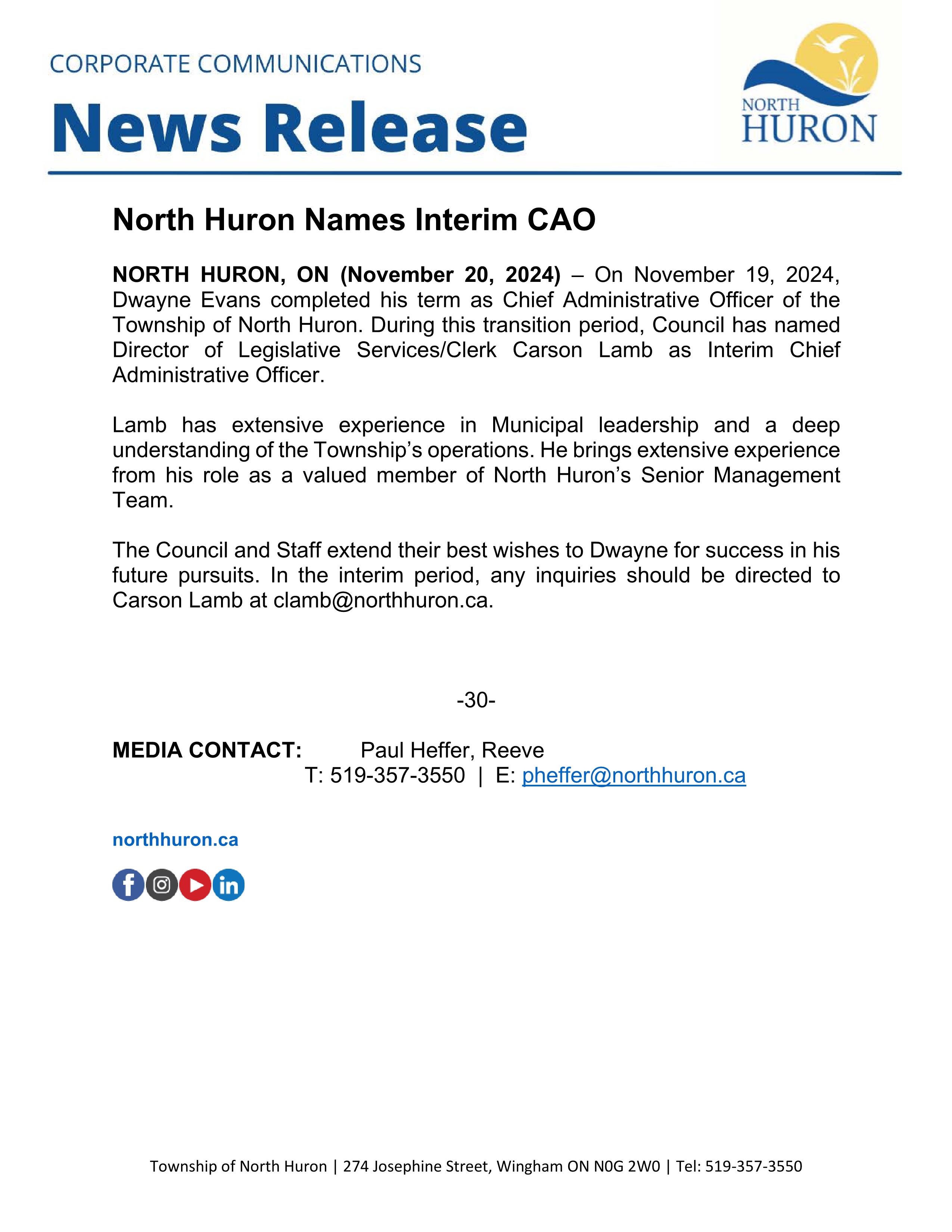 North Huron Names Interim CAO Media Release